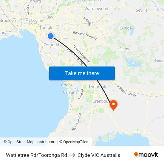 Wattletree Rd/Tooronga Rd to Clyde VIC Australia map
