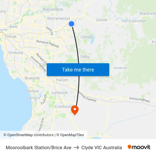 Mooroolbark Station/Brice Ave to Clyde VIC Australia map