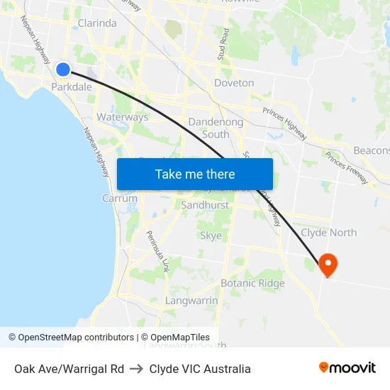Oak Ave/Warrigal Rd to Clyde VIC Australia map