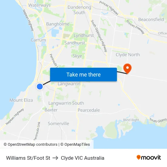 Williams St/Foot St to Clyde VIC Australia map