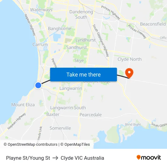 Playne St/Young St to Clyde VIC Australia map