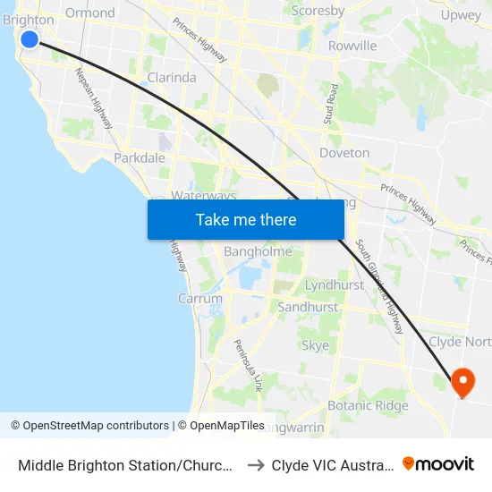 Middle Brighton Station/Church St to Clyde VIC Australia map