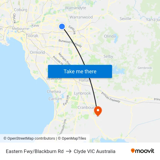 Eastern Fwy/Blackburn Rd to Clyde VIC Australia map
