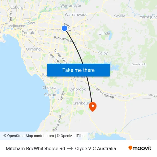 Mitcham Rd/Whitehorse Rd to Clyde VIC Australia map