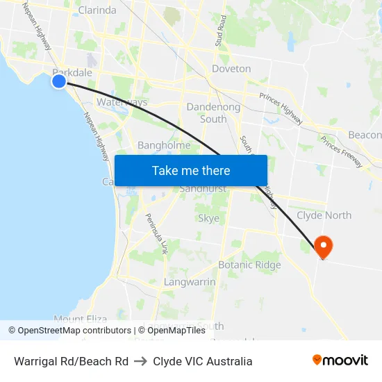 Warrigal Rd/Beach Rd to Clyde VIC Australia map