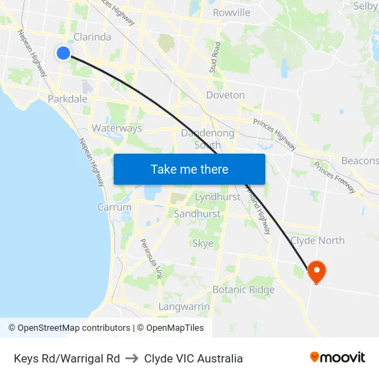 Keys Rd/Warrigal Rd to Clyde VIC Australia map