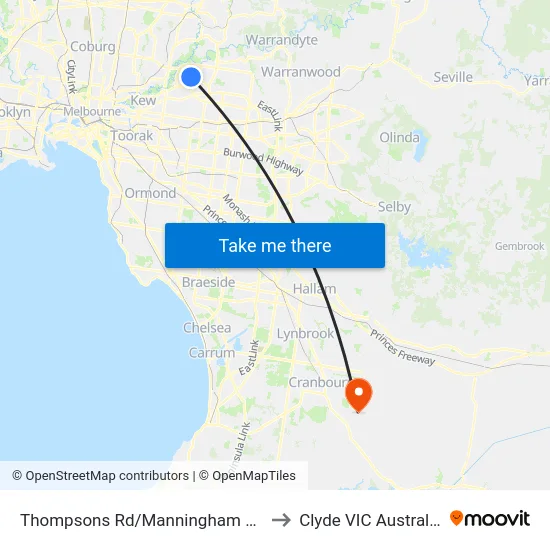 Thompsons Rd/Manningham Rd to Clyde VIC Australia map