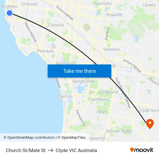 Church St/Male St to Clyde VIC Australia map