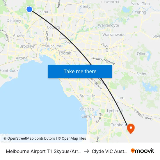Melbourne Airport T1 Skybus/Arrival Dr to Clyde VIC Australia map