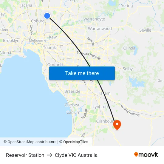 Reservoir Station to Clyde VIC Australia map