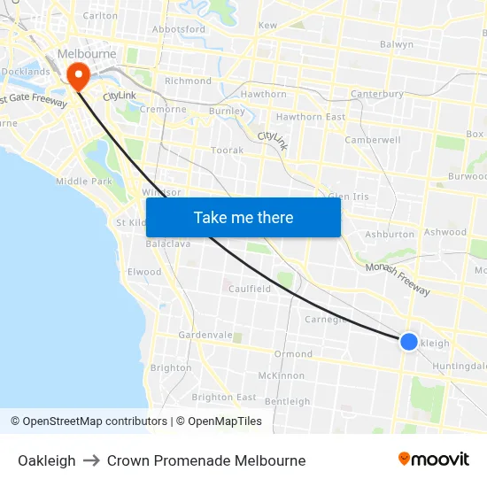 Oakleigh to Crown Promenade Melbourne map