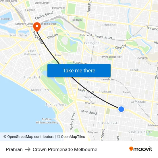 Prahran to Crown Promenade Melbourne map