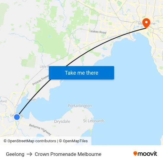 Geelong to Crown Promenade Melbourne map