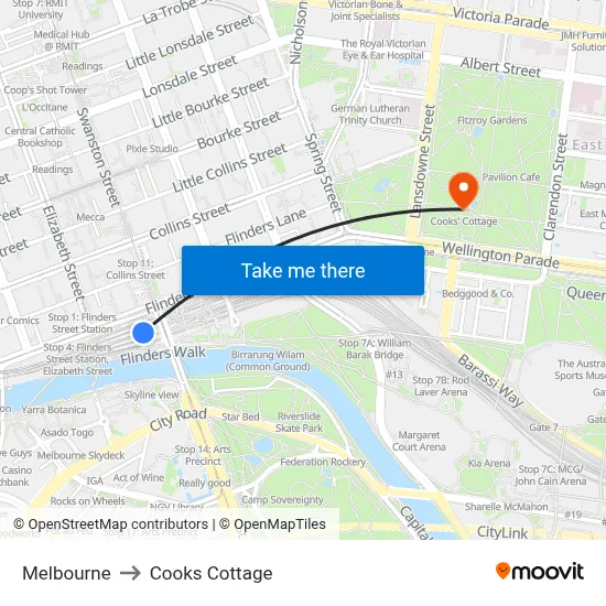 Melbourne to Cooks Cottage map