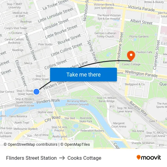 Flinders Street Station to Cooks Cottage map