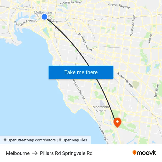 Melbourne to Pillars Rd Springvale Rd map