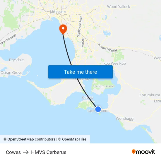 Cowes to HMVS Cerberus map