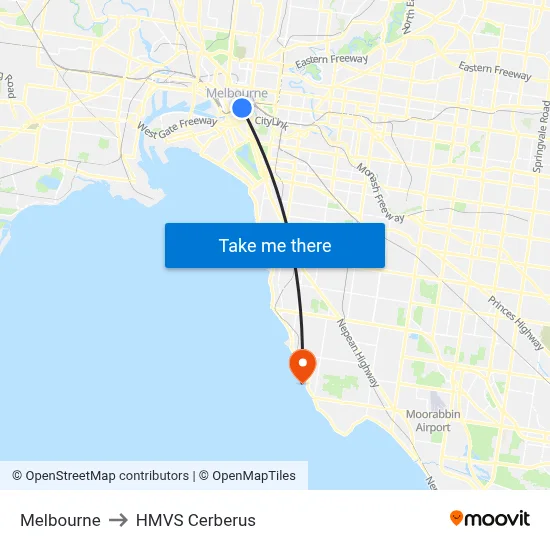 Melbourne to HMVS Cerberus map