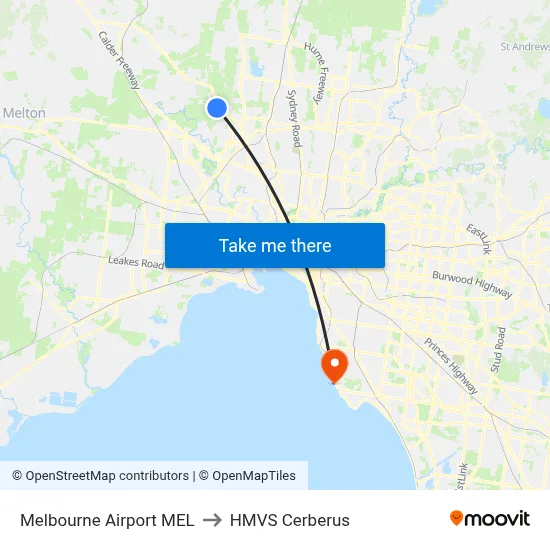 Melbourne Airport MEL to HMVS Cerberus map