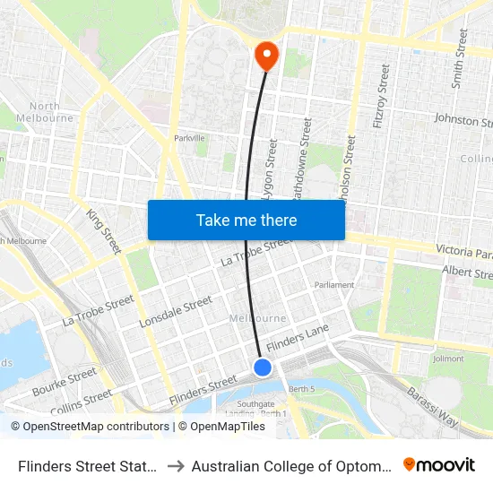 Flinders Street Station to Australian College of Optometry map