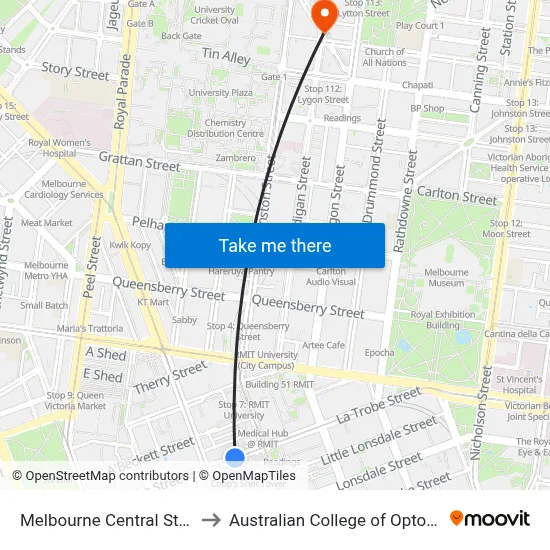 Melbourne Central Station to Australian College of Optometry map