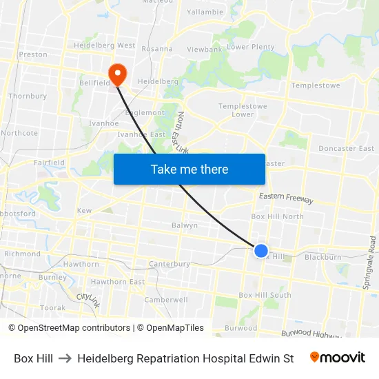 Box Hill to Heidelberg Repatriation Hospital Edwin St map