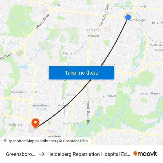 Greensborough to Heidelberg Repatriation Hospital Edwin St map