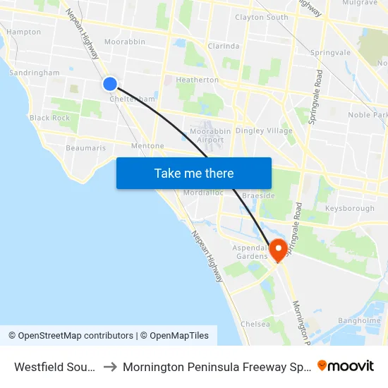 Westfield Southland to Mornington Peninsula Freeway Springvale Rd map