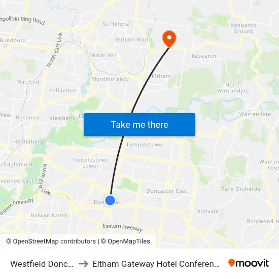 Westfield Doncaster to Eltham Gateway Hotel Conference Centre map