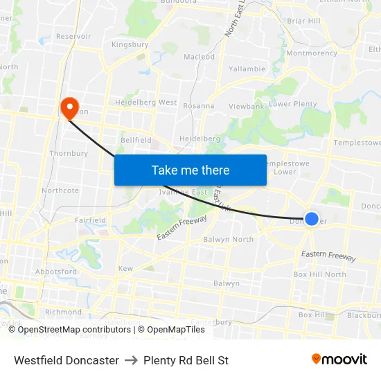 Westfield Doncaster to Plenty Rd Bell St map