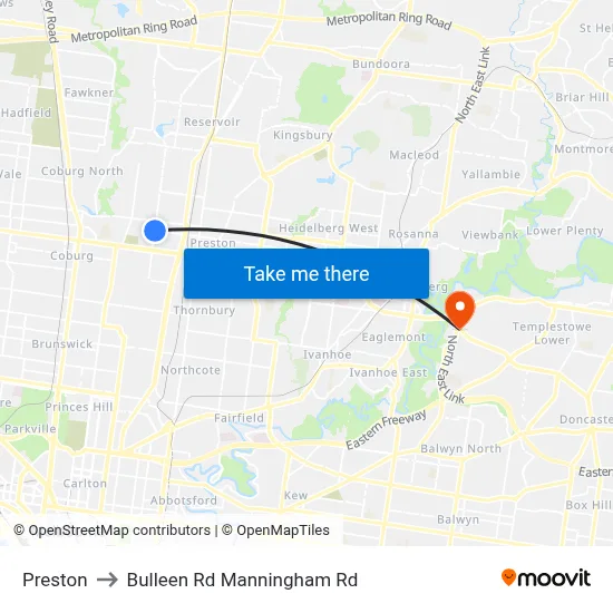 Preston to Bulleen Rd Manningham Rd map