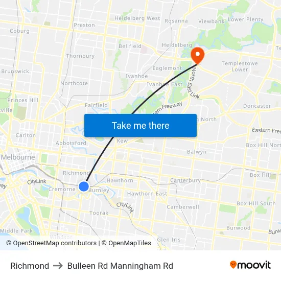 Richmond to Bulleen Rd Manningham Rd map