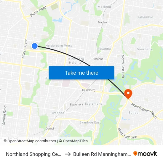 Northland Shopping Centre to Bulleen Rd Manningham Rd map