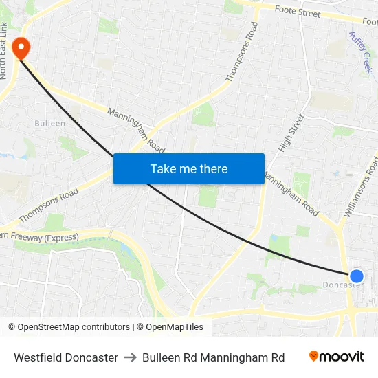 Westfield Doncaster to Bulleen Rd Manningham Rd map