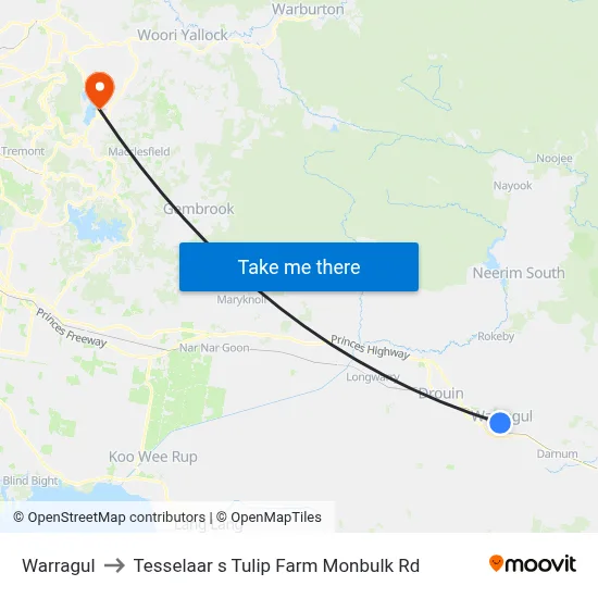 Warragul to Tesselaar s Tulip Farm Monbulk Rd map
