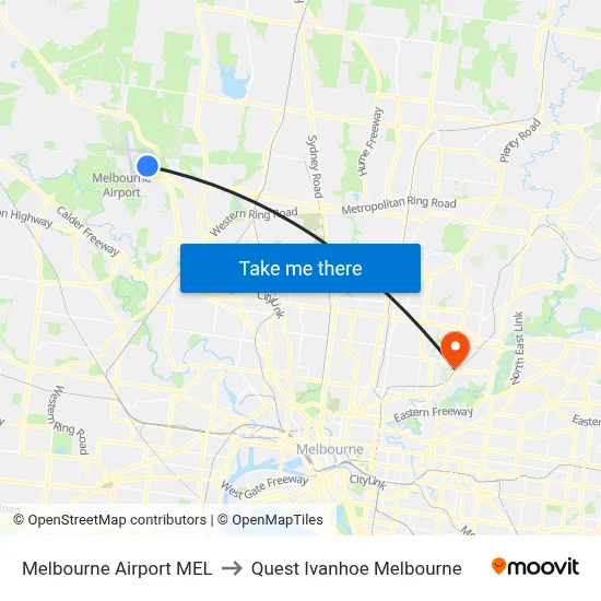 Melbourne Airport MEL to Quest Ivanhoe Melbourne map