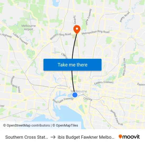 Southern Cross Station to ibis Budget Fawkner Melbourne map