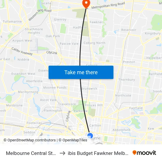 Melbourne Central Station to ibis Budget Fawkner Melbourne map
