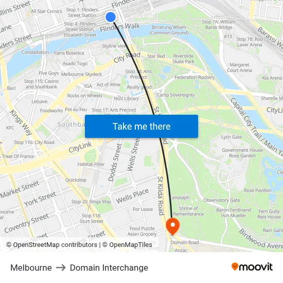 Melbourne to Domain Interchange map