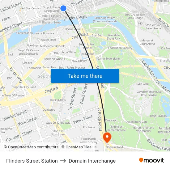 Flinders Street Station to Domain Interchange map