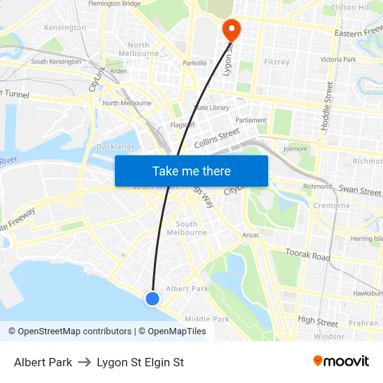 Albert Park to Lygon St Elgin St map