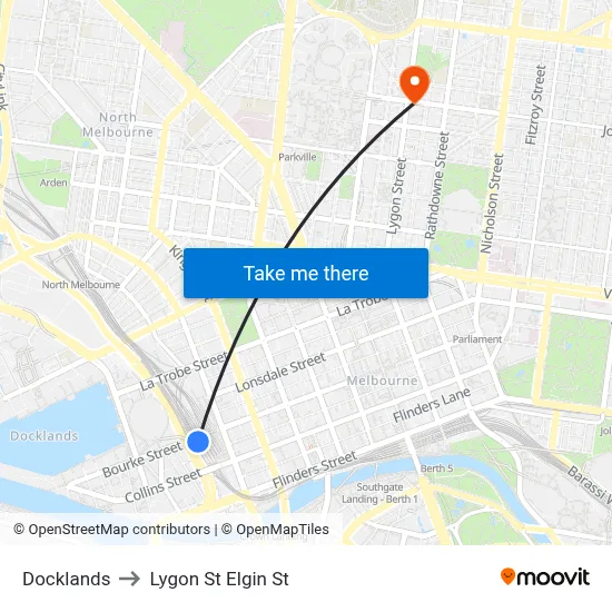 Docklands to Lygon St Elgin St map