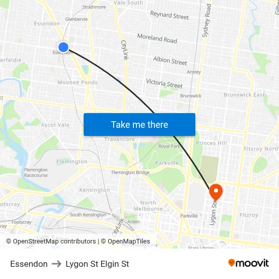 Essendon to Lygon St Elgin St map