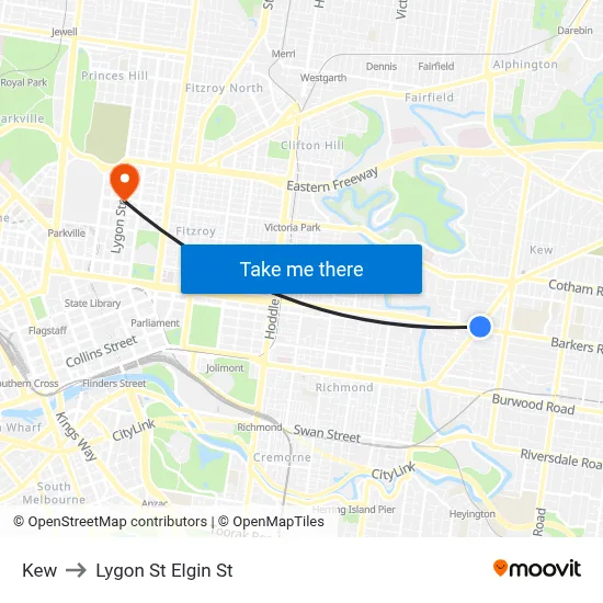 Kew to Lygon St Elgin St map