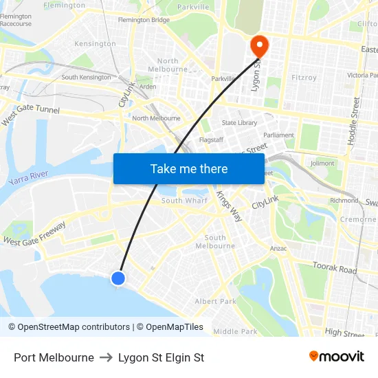 Port Melbourne to Lygon St Elgin St map