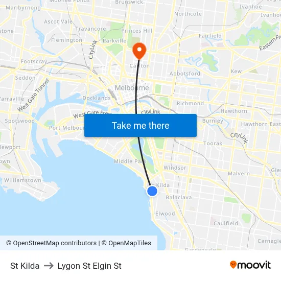 St Kilda to Lygon St Elgin St map