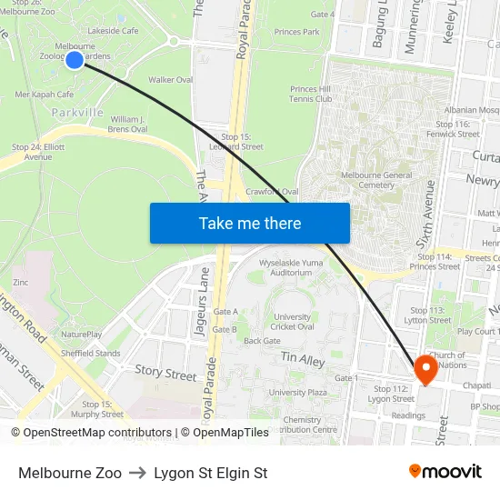 Melbourne Zoo to Lygon St Elgin St map