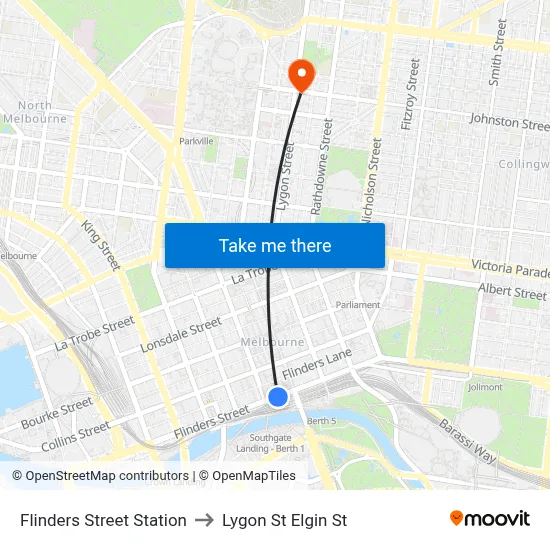 Flinders Street Station to Lygon St Elgin St map