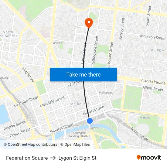 Federation Square to Lygon St Elgin St map