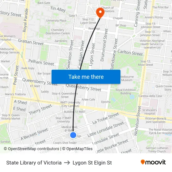 State Library of Victoria to Lygon St Elgin St map